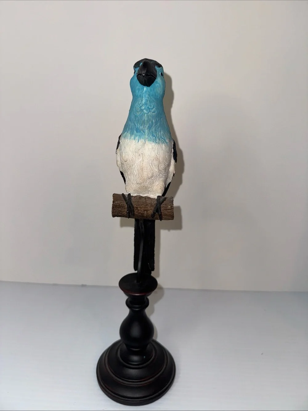 9” Resin Parrot On a Log Figurine On Stand Teal Blue & Black
